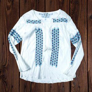 JOIE Embroidered Nira Voile Tassel Summer Boho White Blue Beach Blouse Top M